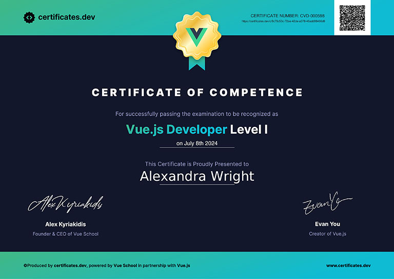 Vue.js Developer Level I Certificate for Alexandra Wright